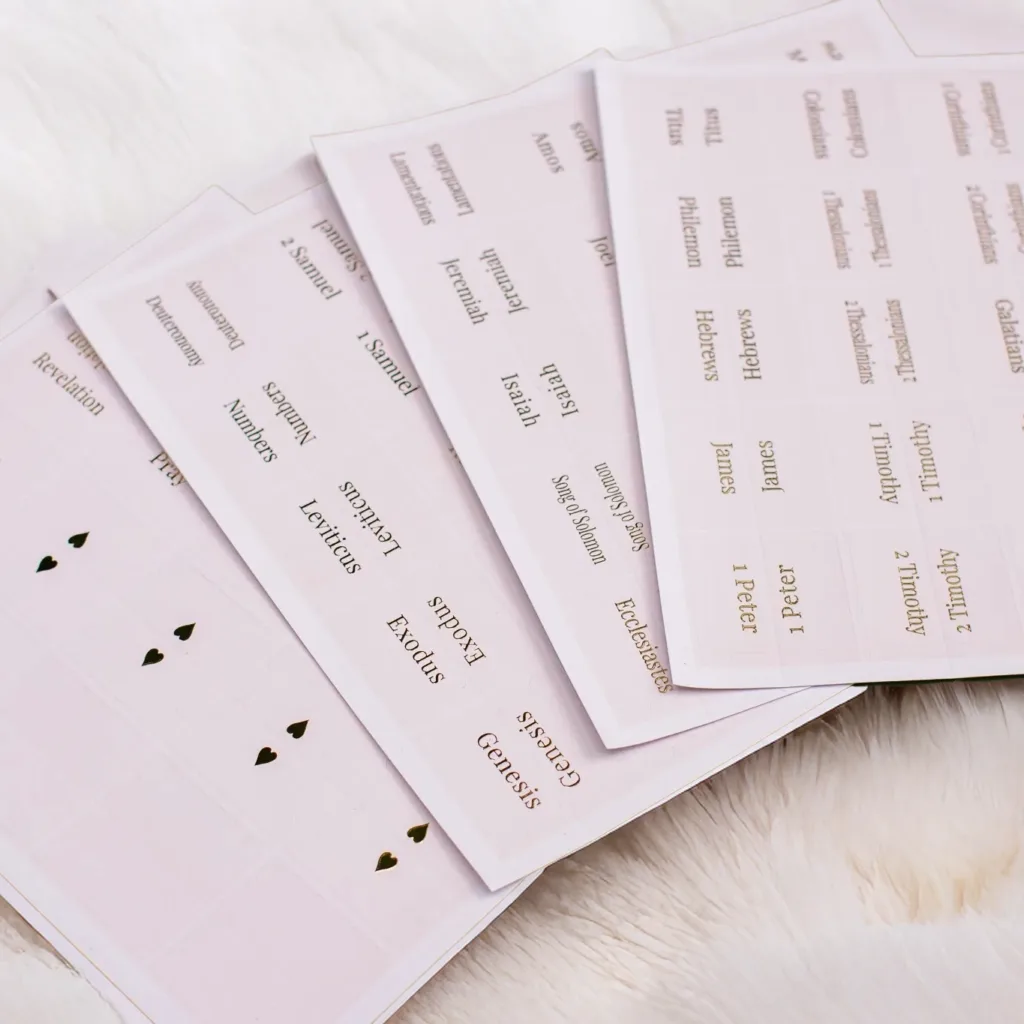 Blush Pink Bible Tabs with Gold Foil Print stickers permanent