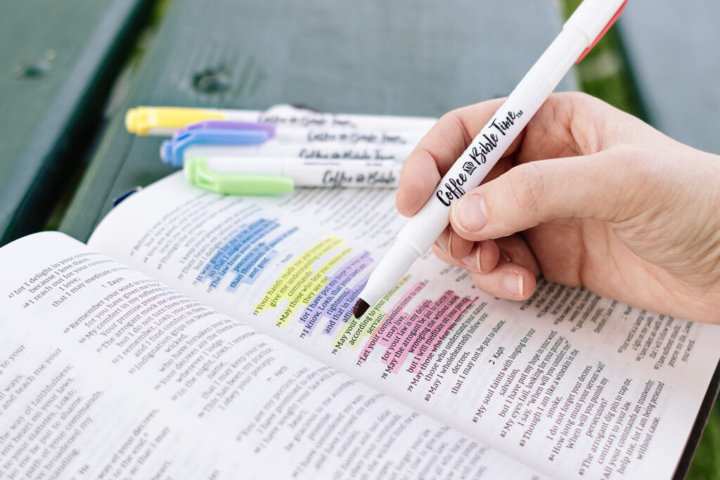 Bible Highlighters 5 colors. Woman using them in the Bible
