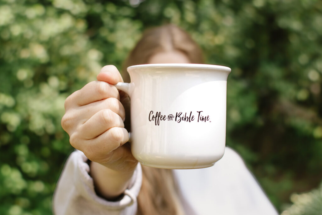 Christian encouraging coffee mug with Coffee and Bible Time