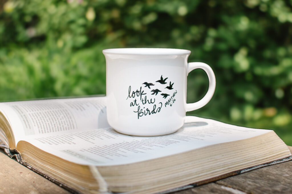 Coffee and Bible Time Christian Women Mug with birds reminding of Matthew 6