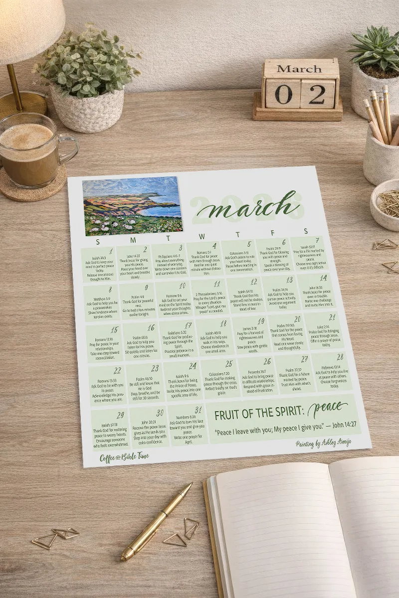 March Prayer Calendar with verses, action steps and theme of Peace