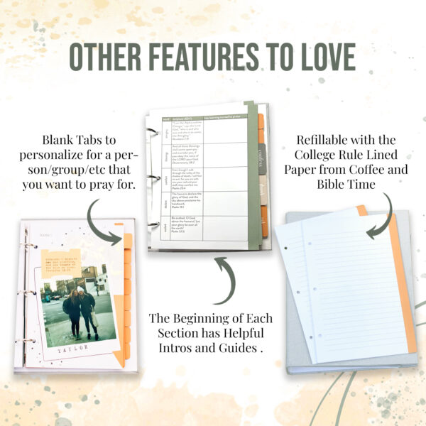 Features to Love with the Coffee and Bible Time Prayer Binder. Refillable, Blank Tabs and Guides