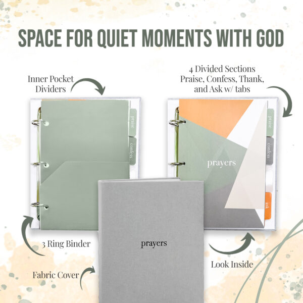 Prayer Binder with 3 rings, smaller size, pocket dividers, 4 types of prayer tabs and extra tabs for specific prayers