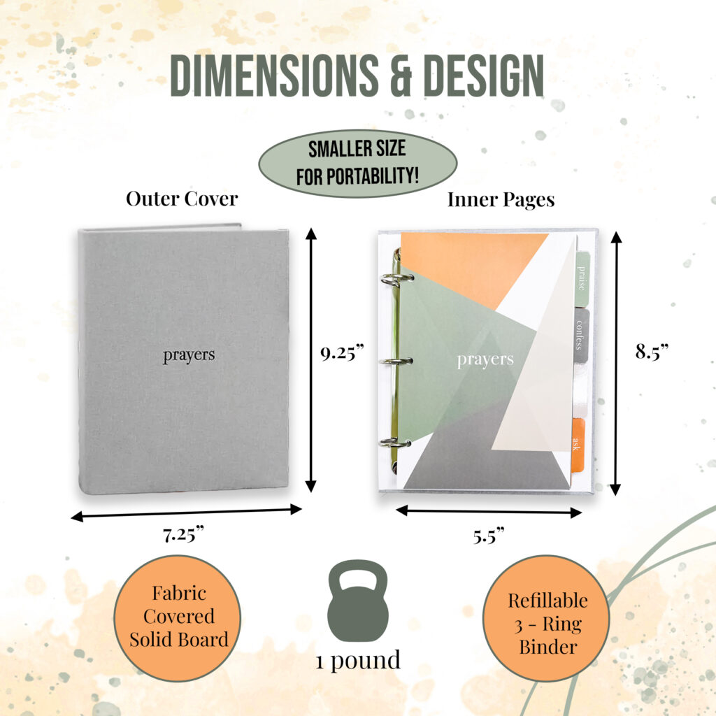 Dimensions and size of Coffee and Bible Time Prayer Binder. 9.25 "x 7.25" x 1.5"