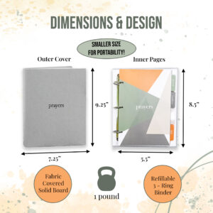 Dimensions and size of Coffee and Bible Time Prayer Binder. 9.25 "x 7.25" x 1.5"