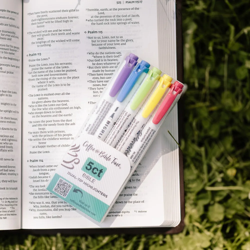 Bible Highlighters that are best for Bible pages with soft colors and double ended design. Displayed on a Bible in natural scenery