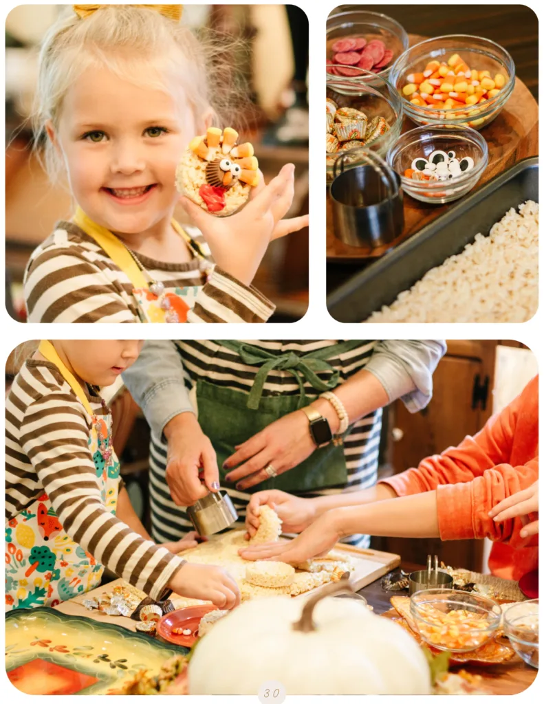 Family Thanksgiving Devotional Guide Recipes included. Recipe of Rice Krispie Turkeys Picture of little girl holding up Rice Krispie Turkey.