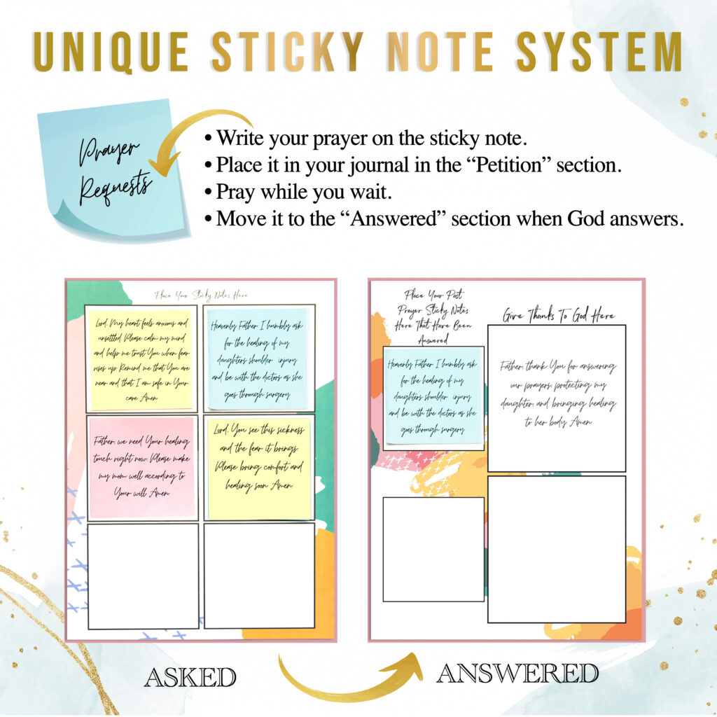 Prayer Journal with Sticky Notes for easy prayer request ask and answers pages.