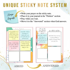 Prayer Journal with Sticky Notes for easy prayer request ask and answers pages.