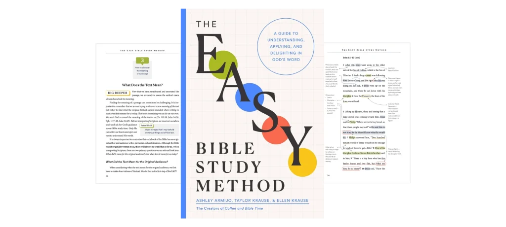 The EASY Bible Study Method book cover with sample pages showing Bible study tools and printable resources.
