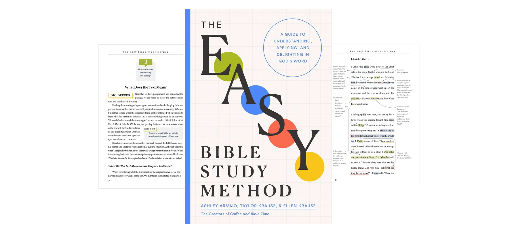 The EASY Bible Study Method book cover with sample pages showing Bible study tools and printable resources.