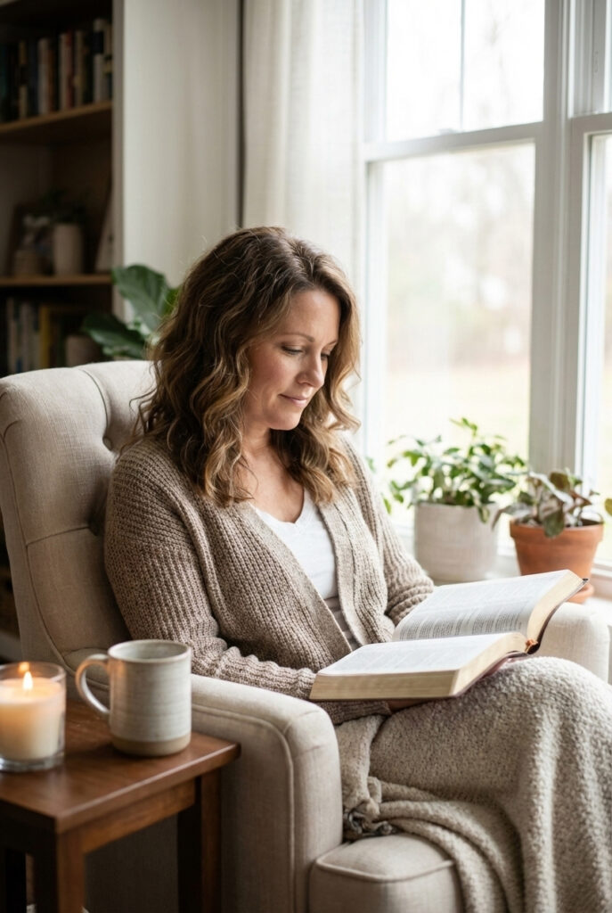 How Sabbath Changed our lives: picture of woman sitting and reading her Bible representing how a Sabbath day may look.