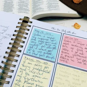 Open prayer journal displaying a heartfelt prayer to the Lord, placed beside an open Bible and a stylish woman’s hat on a table.