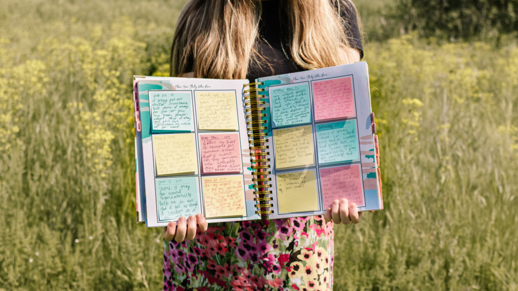 Daily guided prayer journal for women.  Sticky notes and beautiful prayer prompts to build a joyful prayer life. 