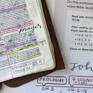 Handwritten study notes and open notebook for the Abide in Me John Bible study course