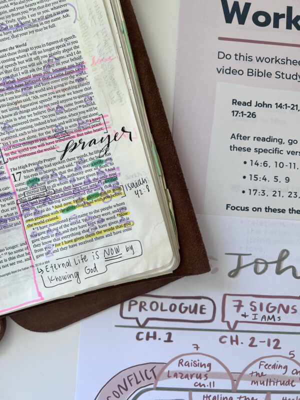 Handwritten study notes and open notebook for the Abide in Me John Bible study course