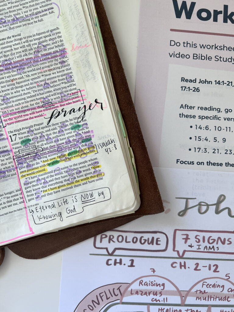Handwritten study notes and open notebook for the Abide in Me John Bible study course