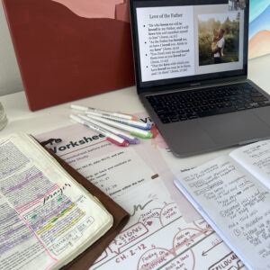 Open journal page showing Scripture notes for the Abide in Me John course