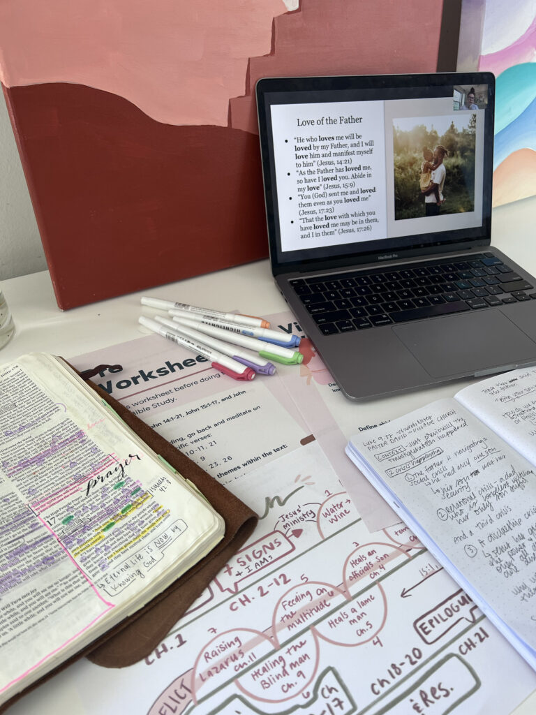 Open journal page showing Scripture notes for the Abide in Me John course