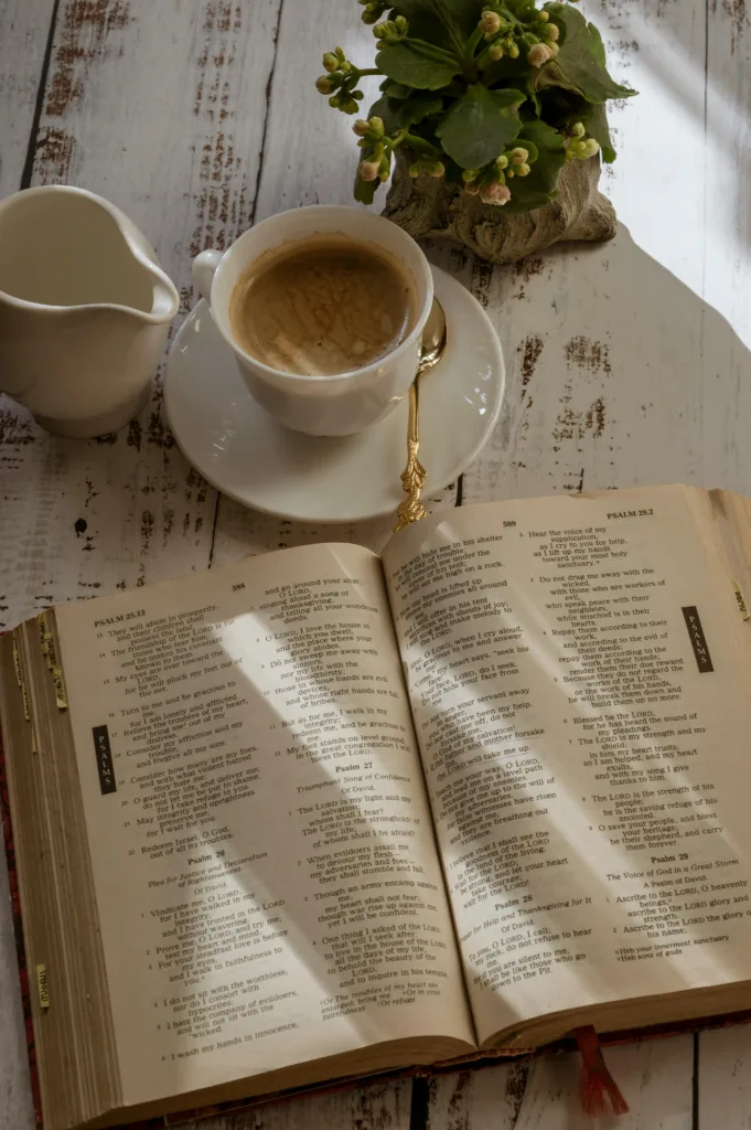 Bible and Coffee at a table for Bible Study