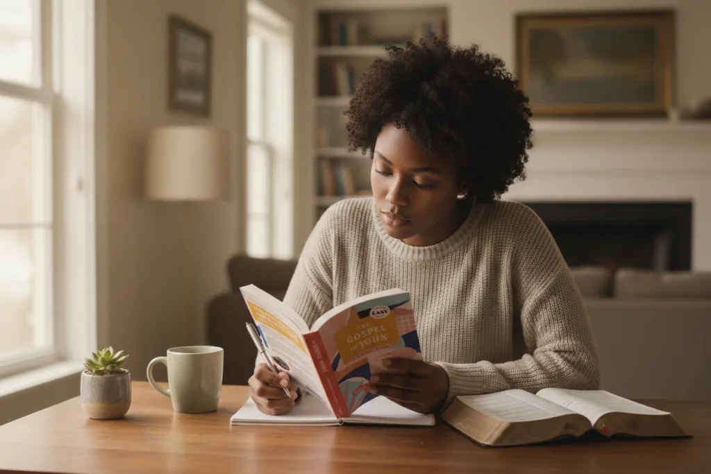 Woman using The Gospel of John Bible Study book to learn the EASY Bible Study Method