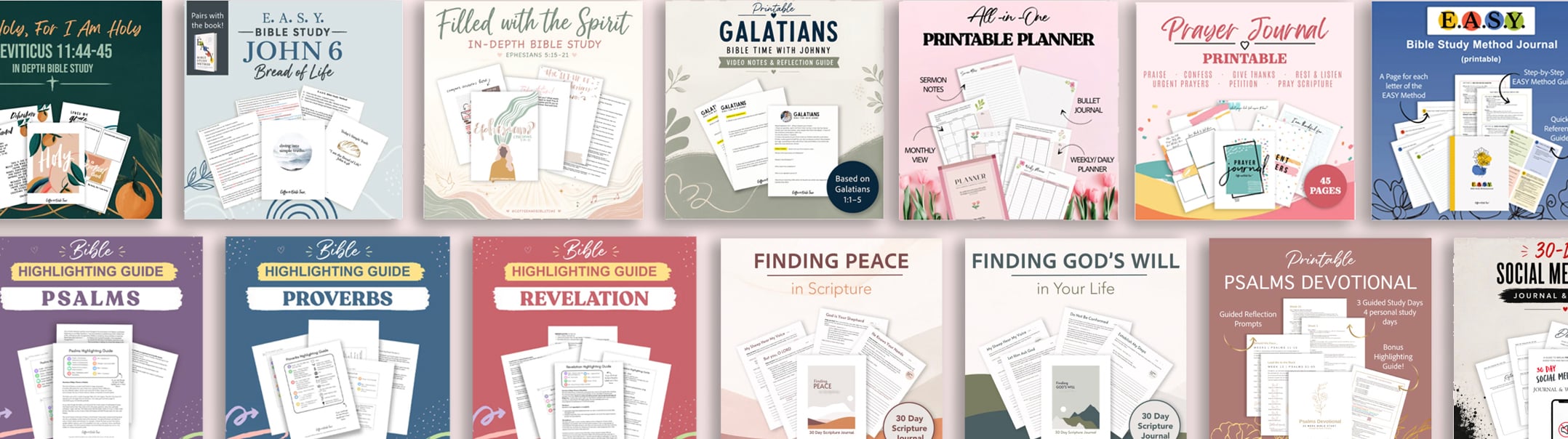 Preview of printable Bible studies, prayer journals, devotionals and highlighting guides included in the Digital Bible Study Vault